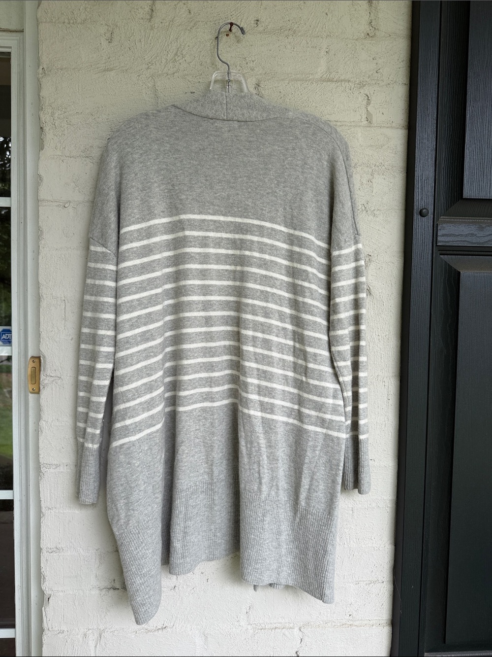 Garnet Hill Gray/White Striped Long Cardigan in Merino Wool/Cotton Knit Size XS - Picture 5 of 13